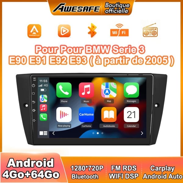 AWESAFE Autoradio Android 13 för BMW Series 3 E90 E91 E92 E93 (4Go+64Go) 9'' pekskärm Carplay GPS Bluetooth Android Auto