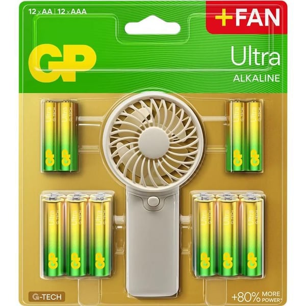 Batteri + handfläkt - GP Batterier - Alkaline Ultra - AA/AAA - 24 batterier - Fläkt 20000 varv/min