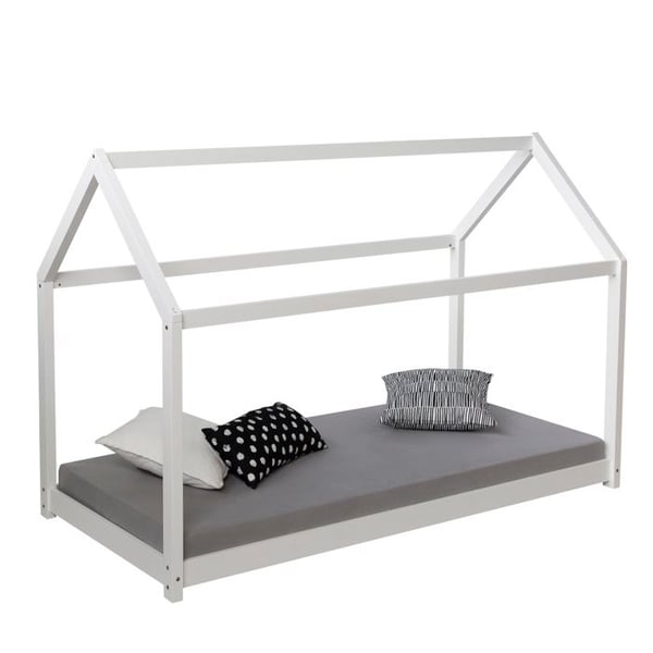 Säng Barn 90x200 cm Vit | Säng Stuga | Enkel Säng | med Sängbotten | Trä | Säng på Golvet