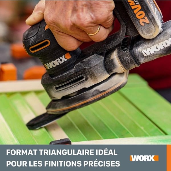 Triangulär slipmaskin 20V WORX - WX822 (för slipning av träytor, vibrationsdämpande, 1 batteri 2Ah + laddare)