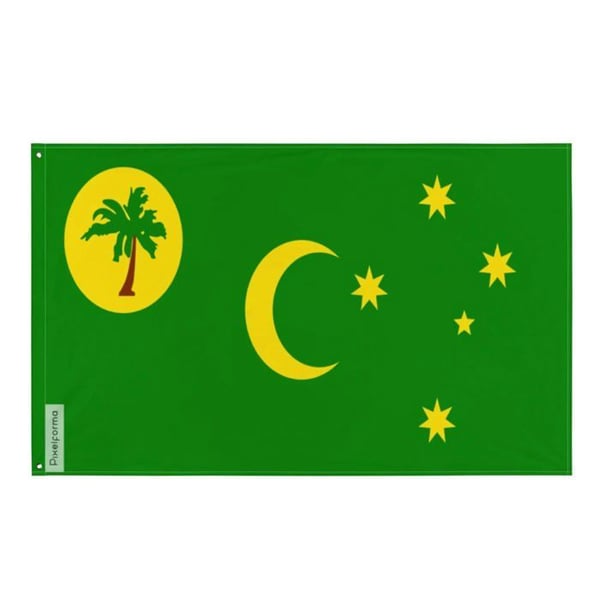 Cocosöarnas flagga – 128 x 192 cm – Hållbar polyester – 2 metallöglor – Inomhus / Utomhus – Pixelforma