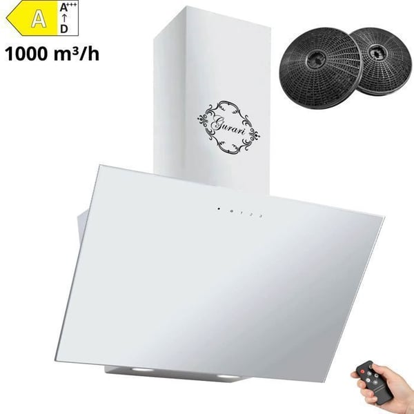 Fläkt 80 cm GURARI GCH 286 WH 8+kolfilter • Vit glas • Vinklad väggfläkt 1000m³/h • Utsugning & Återvinning