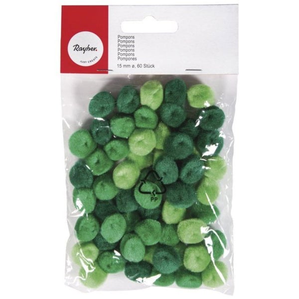 Pomponer, 15 mm, 60 st, grön assorterad