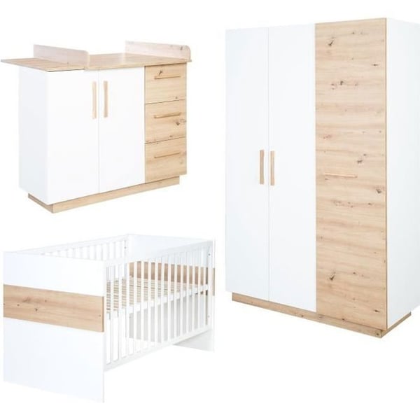 ROBA Komplett Babyrum Lejon - Evolutiv Säng 70x140 cm + Skötbord + 3 Dörrars Garderob - Vit / Trädekor