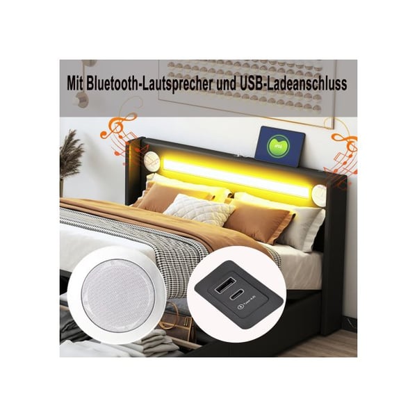 Seng 140x200 - MUVOE - Seng med LED - Bluetooth - Opbevaring - PU-læder