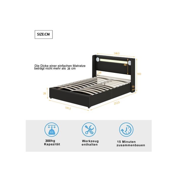 Seng 140x200 - MUVOE - Seng med LED - Bluetooth - Opbevaring - PU-læder