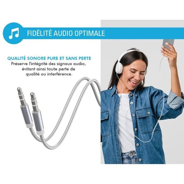 Ljudkabel 3,5 mm - FORCE POWER - Förstärkt vävd nylon - 3m - Vit - Optimal överföring