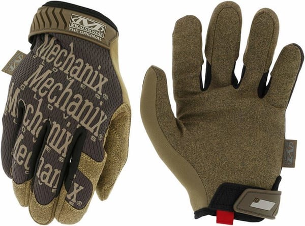 Mechanix bär The Original®-handskar i storlek M i brun färg. Med kardborreband, syntetiskt läder, TrekDry®.