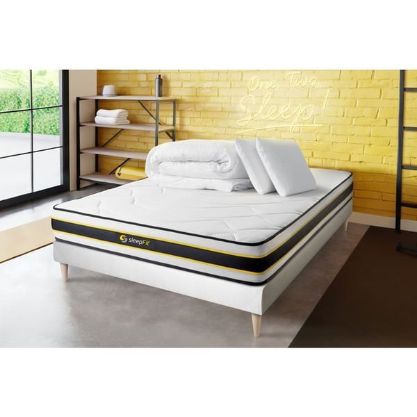 Pack madrass och sängram - FLEXY - 140x200 cm - Minnesskum - 2 kuddar - Percale-dyng 240x220 cm