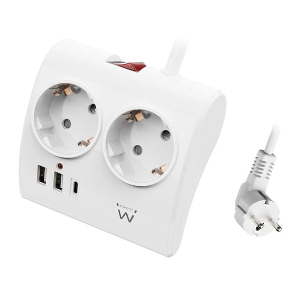 Ewent EW3871 Kontorsmultipris 2 USB-A/USB-C 1.5m Vit