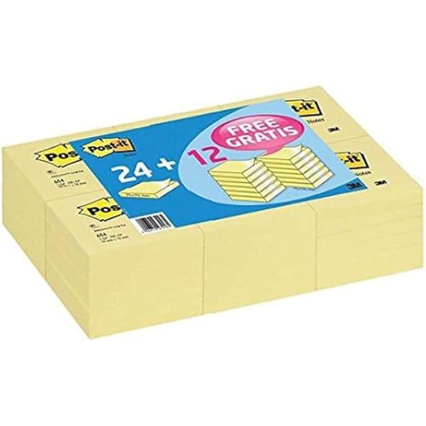 Post-it Sticky Notes - POST-IT - 654y - Set med 36 block - 100 ark - 76 x 76 mm - Gul
