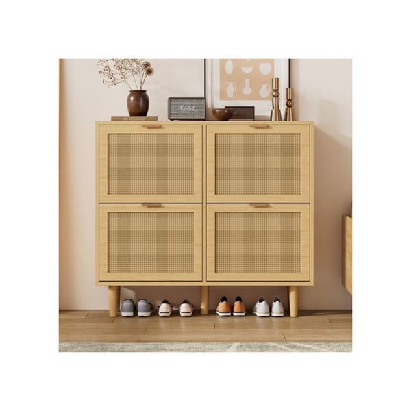 Skab til sko - MUVOE - 4 skuffer - Lys rattan - Eg - Moderne design