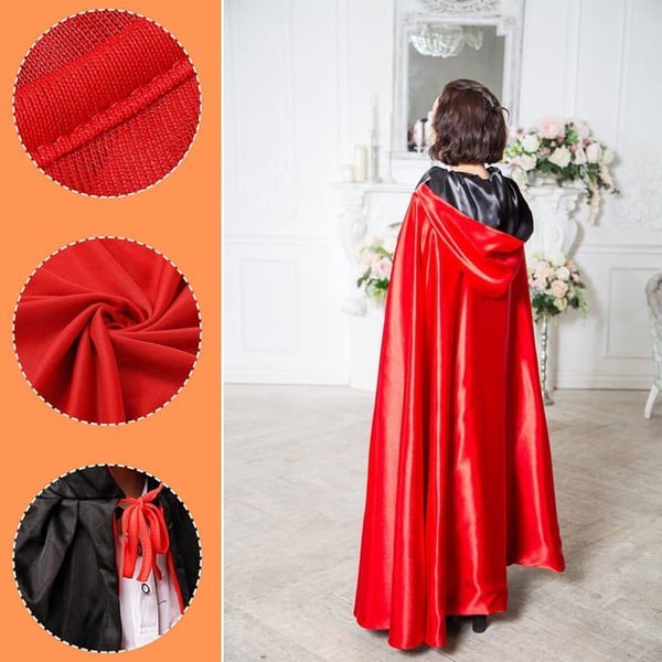 Svart-röd Halloween-kappe med huva, dubbelsidig, svart udde för vuxna, Halloween-dräkt, Halloween-kappe för kvinnor (150 cm)