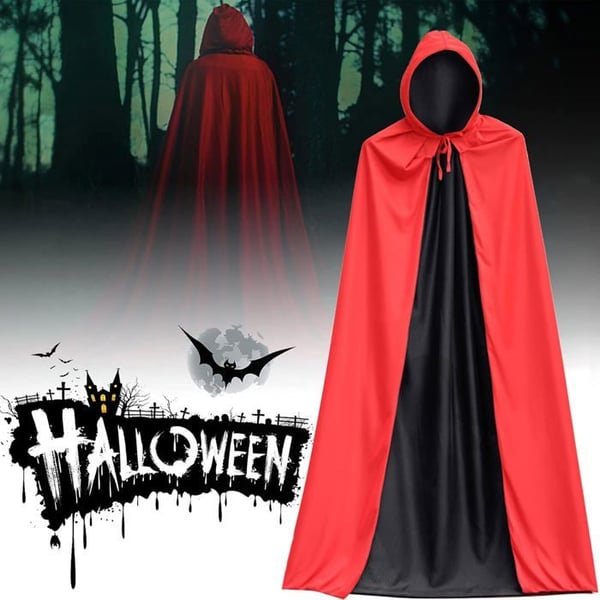 Svart-röd Halloween-kappe med huva, dubbelsidig, svart udde för vuxna, Halloween-dräkt, Halloween-kappe för kvinnor (150 cm)