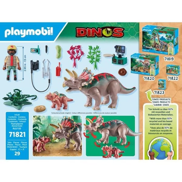 PLAYMOBIL 71821 Tricératops med bebis och utforskare, Dinos, 29 delar, Från 4 år