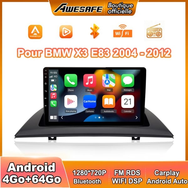 AWESAFE Autoradio Android 13 för BMW X3 E83 (2004-2012) med 4Go+64Go 9'' pekskärm Carplay GPS Bluetooth Android Auto