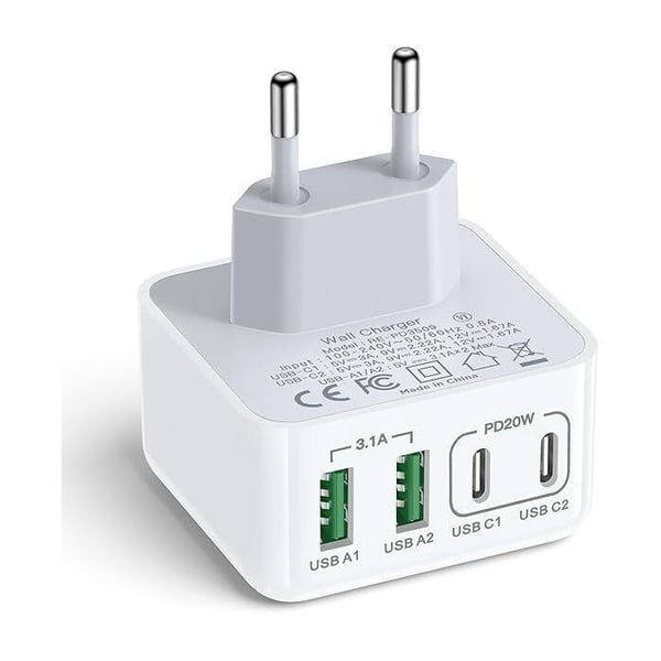 USB C-laddare - Aioneus - 40W - 4 portar - Snabbladdning - Kompatibel med iPhone och Samsung Galaxy