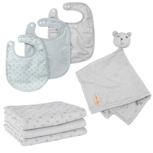 ROBA Baby Set Lil Planet - 7 DELAR - 3 Nappar + 1 Gosedjur + 3 Filtar - Födelsepresent - Silvergrå / Blå