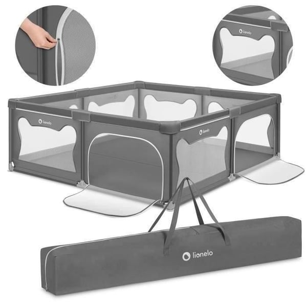 LIONELO Willow XL Baby lekhage - 207x187 cm - Mesh sidor - Stor säkerhetslekyta - Skyddsgaller - Grå