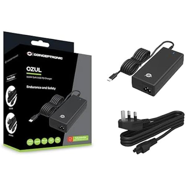 USB-laddare - CONCEPTRONIC - OZUL03BUK - 100 W - Integrerad USB-C-kabel - GaN-teknik