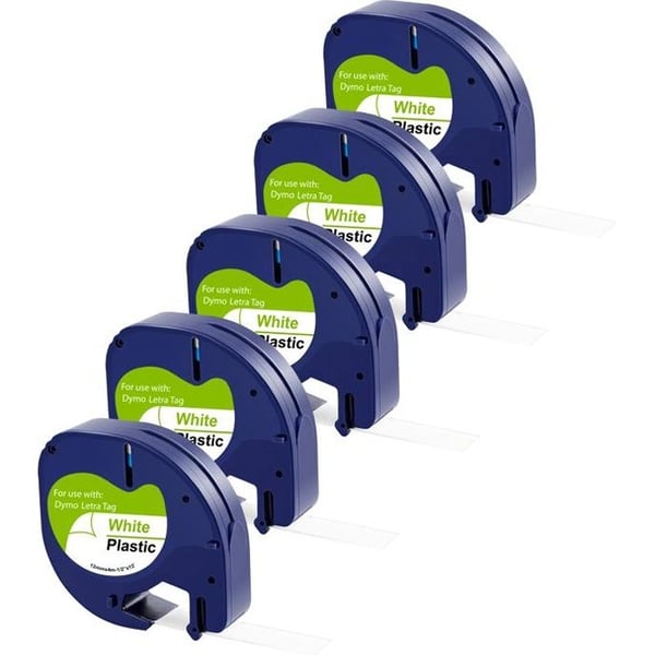 Etikettband - Phonillico® - Kompatibel med Dymo LetraTag - 5 stycken - 12mm - Vit plast
