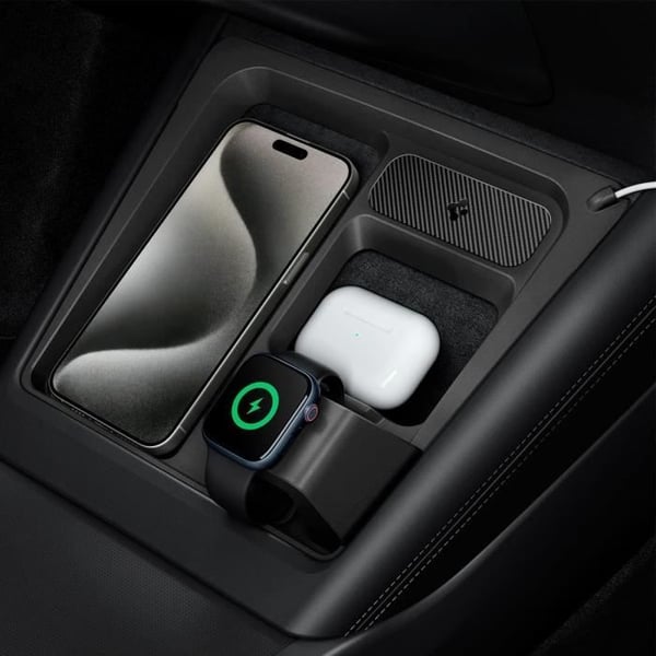 Trådløs 3-i-1 Opladningsstation - SPIGEN - Tesla Model 3 Highland - USB-C - Kulfiber - Sort
