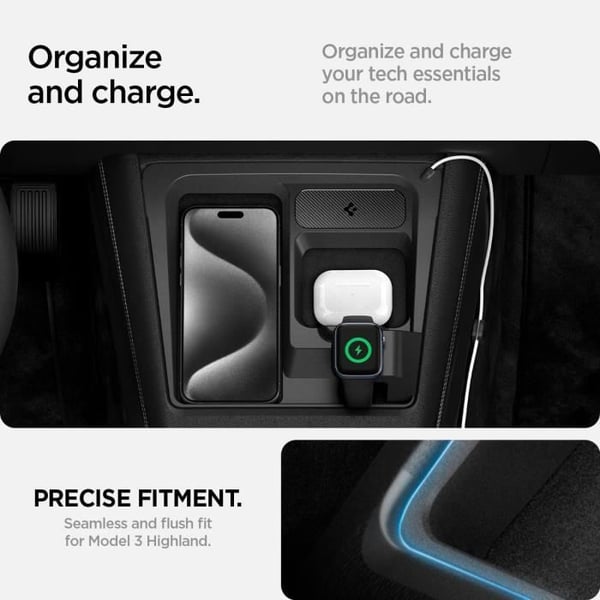Trådløs 3-i-1 Opladningsstation - SPIGEN - Tesla Model 3 Highland - USB-C - Kulfiber - Sort