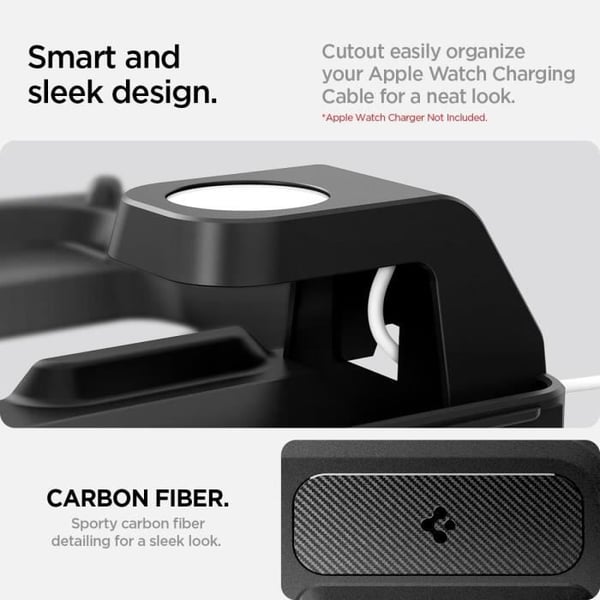 Trådløs 3-i-1 Opladningsstation - SPIGEN - Tesla Model 3 Highland - USB-C - Kulfiber - Sort
