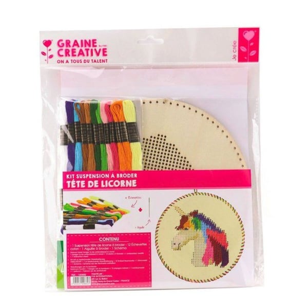 Broderikitt - GRAINE CRÉATIVE - Enhörning - 12 garn - Träupphängning - 22 cm