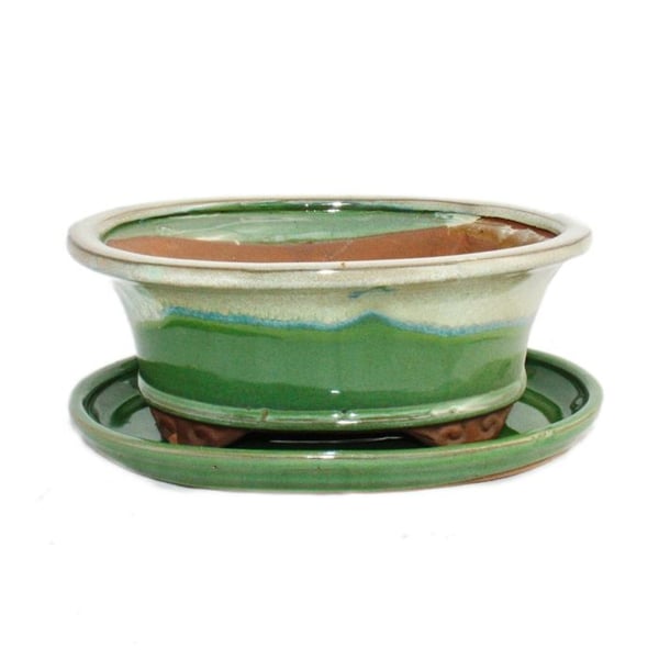 Bonsaiskål med fat St. 8 tum - grön-beige - oval - Modell O4 - L 21cm - B 17cm - H 6cm