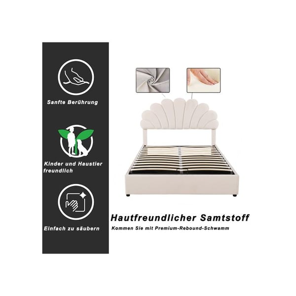 Polstret seng - MUVOE - 140x200 cm - Justerbart sengegavl - Indbygget opbevaring - Beige velour