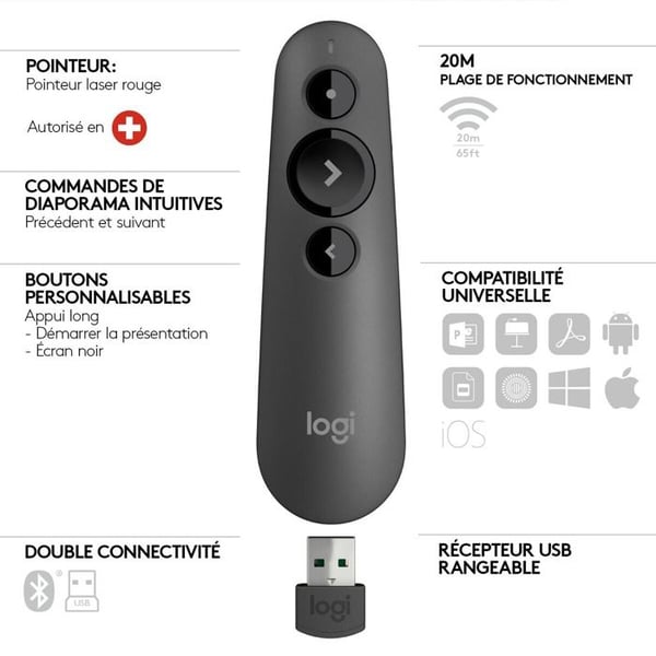Presentationsfjärrkontroll - Logitech - R500 - Grafit - Trådlös - Laser