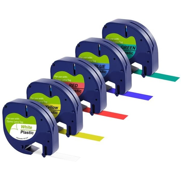 Lot av 5 Etiketter - Phonillico® - Kompatibel med Dymo LetraTag - 12mm - 4m - Plastisk