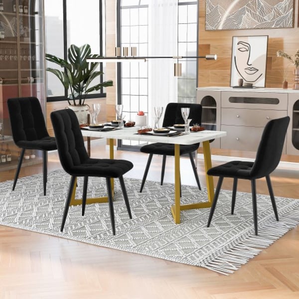 Spisestuebord - 117 cm - 4 sorte velourstole - Gyldne ben - Moderne design