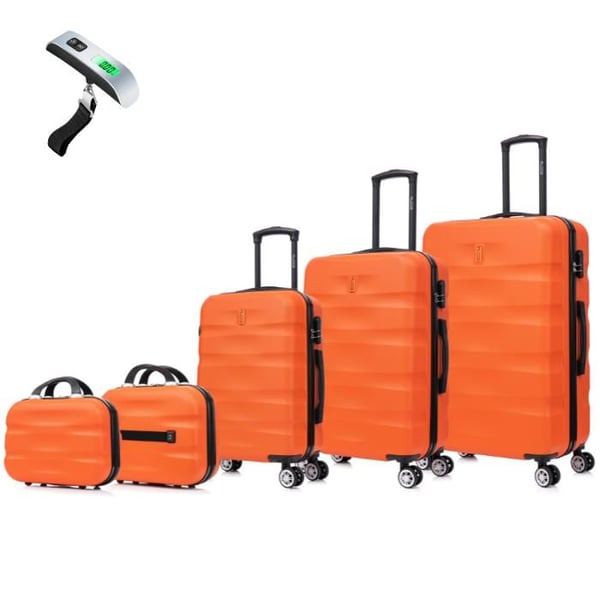 Set med resväskor 5 delar | Resväska CELIMS AeroWave | Kabin + Mellanstor + Stor + 2x necessärer | 360 graders hjul | Lås | Orange