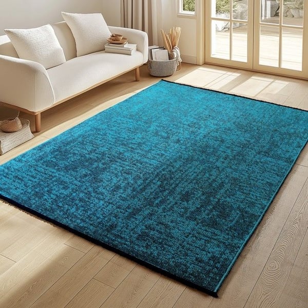 Tvättbar blå bomullstapet i chenille, bohemsk stil, vintage kilim, kort lugg, mjukt marmorerat halkskydd (Dimension: 140X200 cm)
