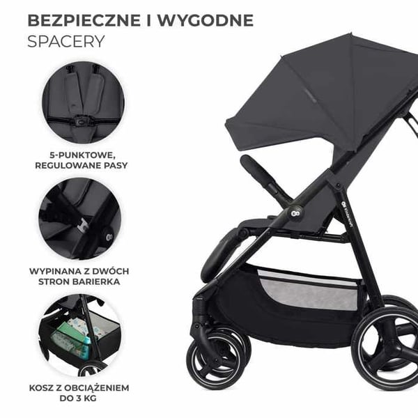 Kinderkraft TRIG 3 lätt kompakt barnvagn med CLICK&FOLD hopfällning, stora hjul och fjädring upp till 25 kg Grå