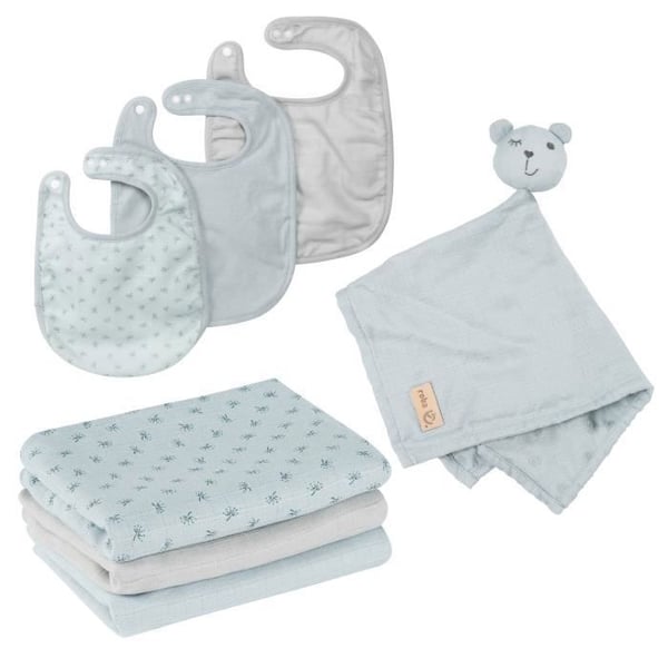 ROBA Baby Set Lil Planet - 7 DELAR - 3 Hängselkläder + 1 Nalle + 3 Lakan - Födelsedagspresent - Ljusblå / Grå
