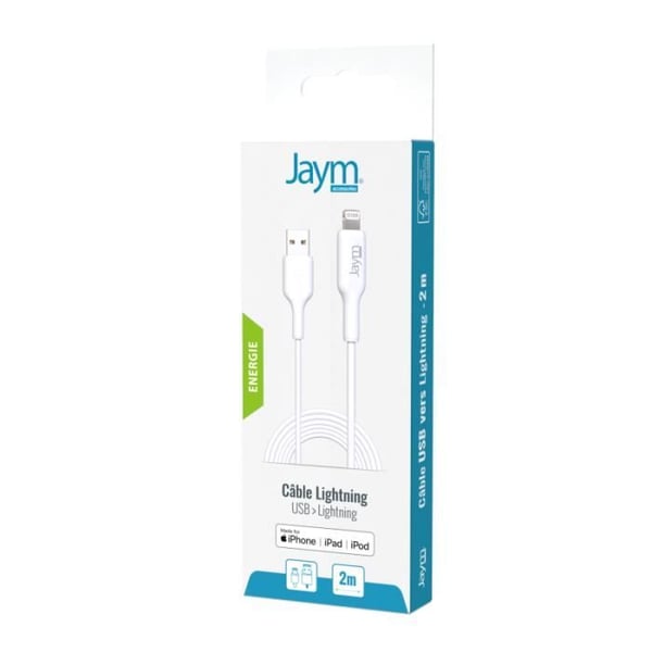 Laddnings- och synkroniseringskabel - JAYM - Lightning MFI - 2.4A - 2M - Vit