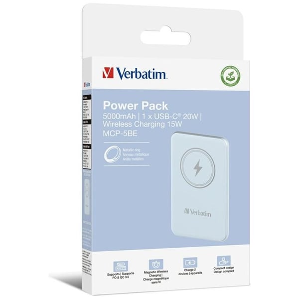 Powerbank - VERBATIM - Magnetisk Ws Powerbank 5000 - 5000 mAh - USB Type-C - Trådløs opladning