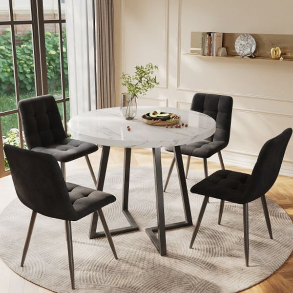 Spisebordssæt - Rundt bord 80cm - 4 stole i fløjl - Metalramme - Moderne design
