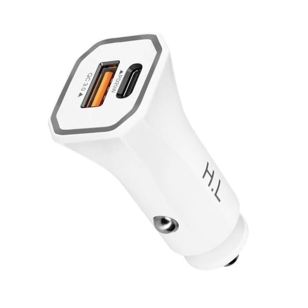 Laddare Bil - Vit - 2x USB 3.0 - USB-C Power Delivery - Snabb laddning 3.0 - 28W