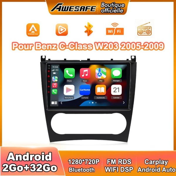 AWESAFE Bilradio Android 13 2Go+32Go för Benz C Class W203 (2005-2009) 9'' Pekskärm med Carplay GPS Bluetooth Android Auto