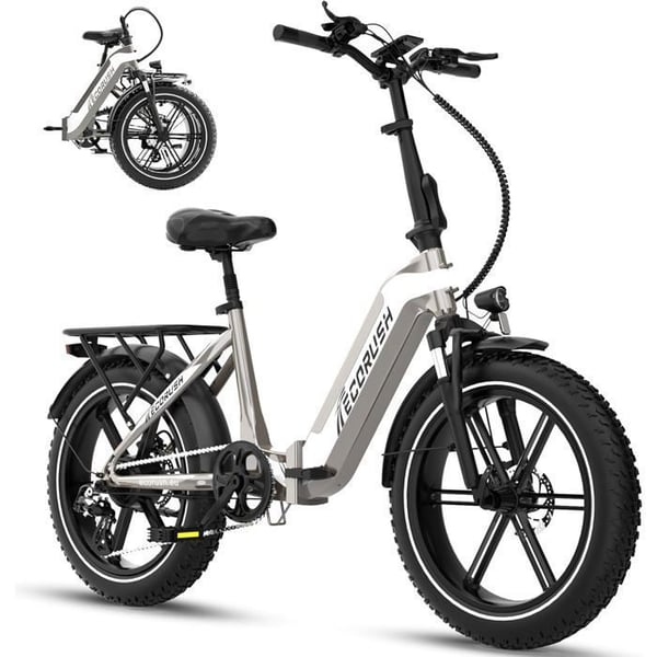 ECORUSH ECO R2 Elektrisk Foldcykel - Dæk 20×4,0 Tommer - Batteri 48V 499,2Wh - 7 Gear - Motor 250W - Sølv