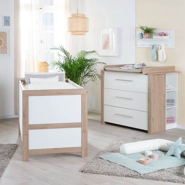 "Chambre Bebis Duo ROBA - Malo - Evoluerande Säng 70x140 cm + Skötbord med Avtagbar Skötplatta - Vit - Ek Dekor"