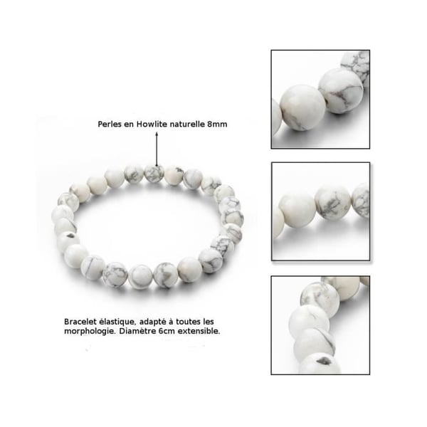 Armband - Lithoterapi - Naturlig Howlite - Elastisk - Förankring - Avkoppling