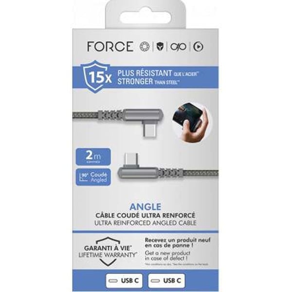 USB C/USB C-kabel - FORCE POWER - Ultra-förstärkt - 2m - 60W - Grå - Livstidsgaranti