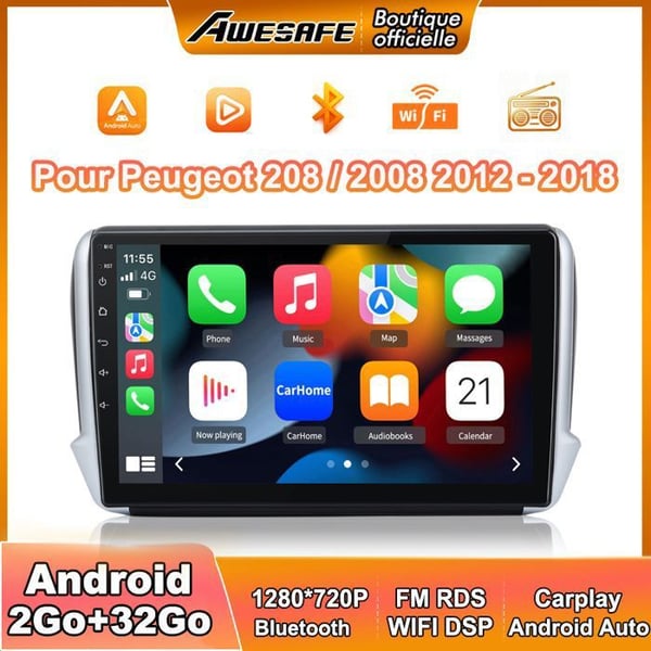 AWESAFE Bilradio Android 13 för 208/2008 (2012-2018) 2Go+32Go 10'' Skärm Carplay Android Auto GPS Bluetooth WiFi FM RDS SWC