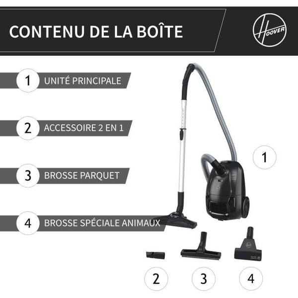 HOOVER HE1 - Støvsuger med pose, kompakt og kraftfuld - Stort kapacitet 2,5L - Høj ydeevne på hårde gulve og tæpper