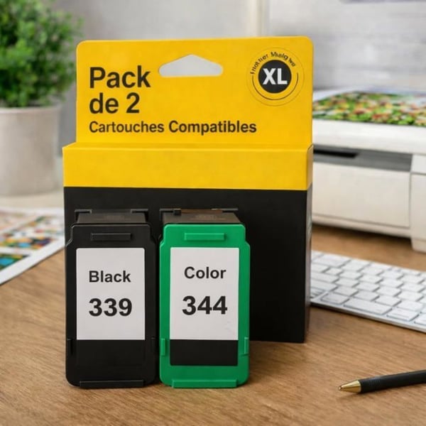 Pack med 2 kompatibla bläckpatroner HP 339 344 för skrivare Deskjet 5740 till 9868 & OfficeJet 6300 till 7413 & PhotoSmart 2570 till D5155